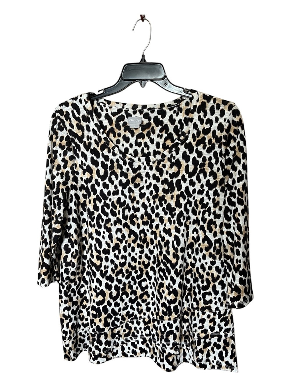 Chico's Cotton-Blend Black/Brown Animal Print 3/4 Sleeve Shirt Top Size 3 or XL